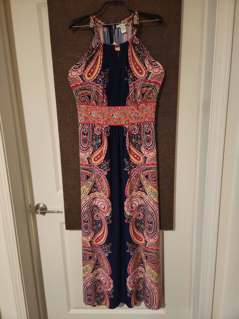 London Times Navy Paisley Halter Maxi with Pink & Coral Accents